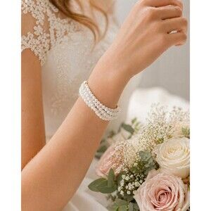 Napier White Beaded Multi Strand Bracelet Gold Tone Clasp Vintage 7”